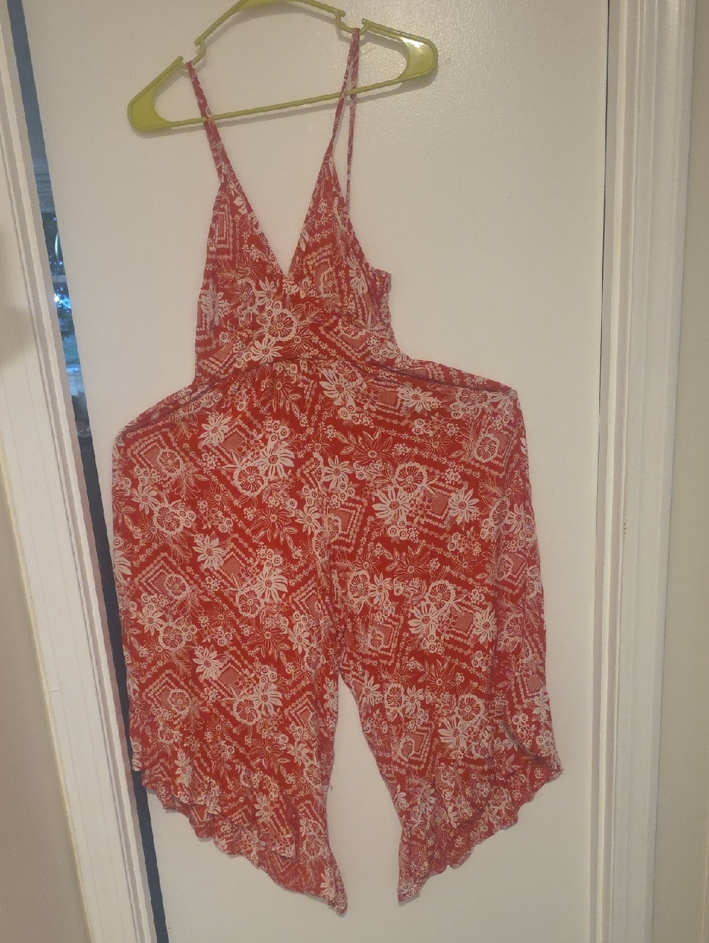 Angie Red & White Floral Print Spaghetti Strap Asymmetrical Jumpsuit